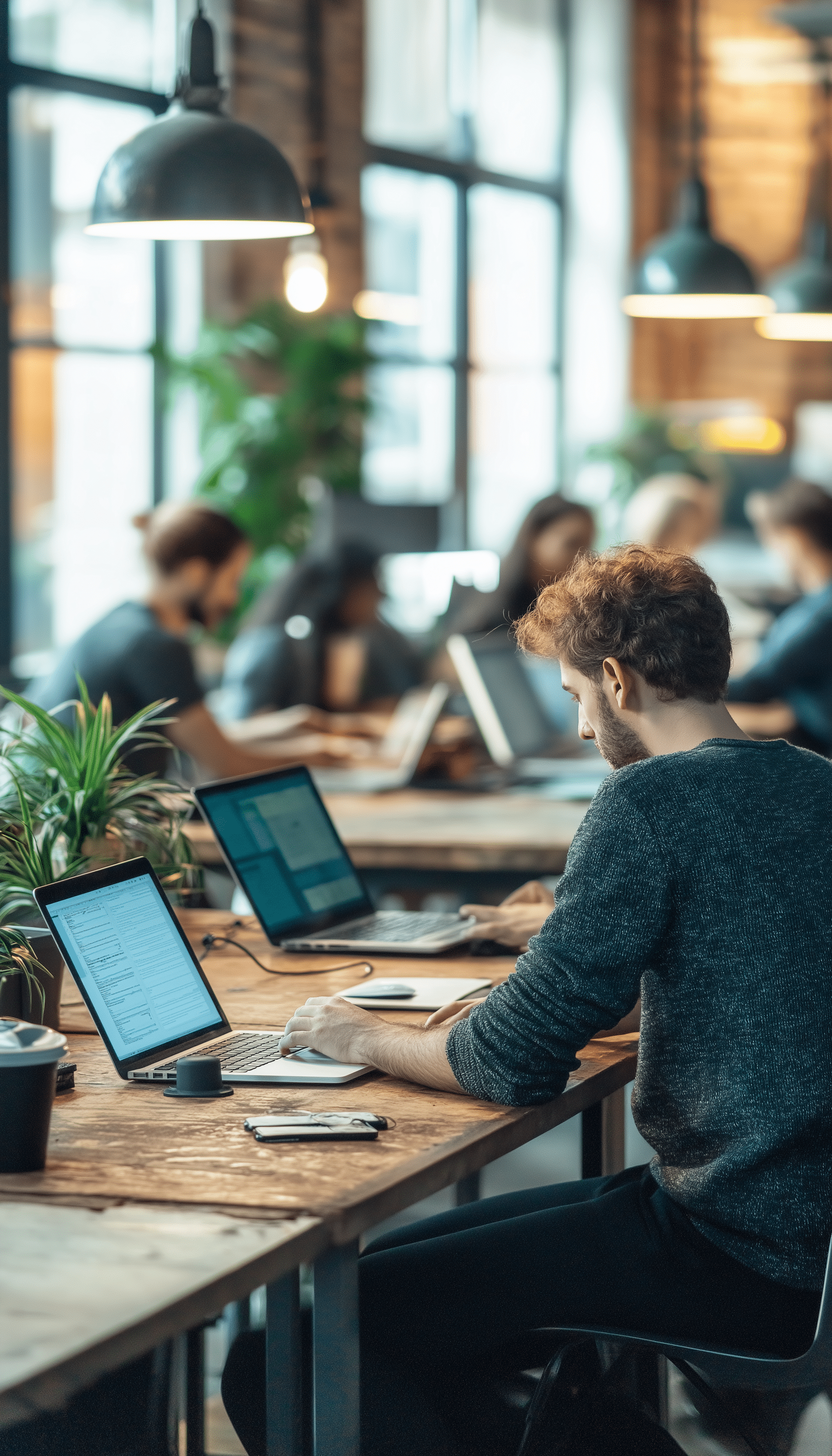 Homme travaillant dans bureau moderne et lumineux