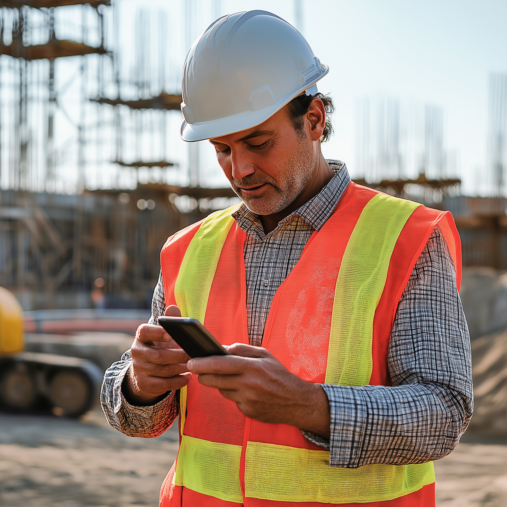 Ingénieur en gilet fluo utilisant un smartphone sur chantier