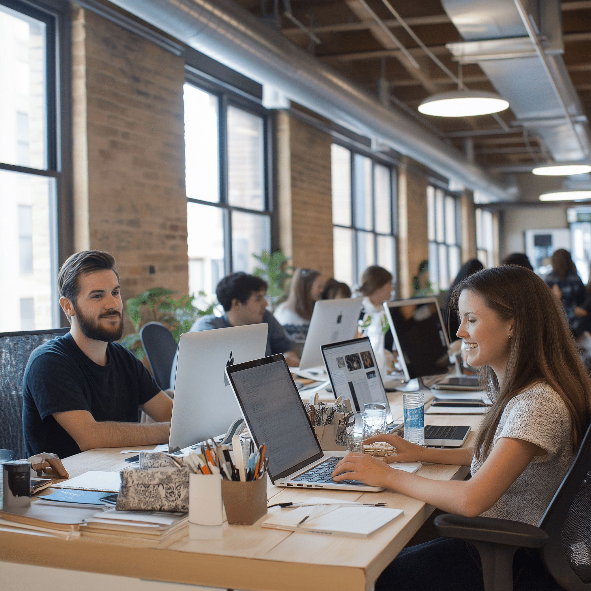 Collègues travaillant souriants dans un bureau lumineux