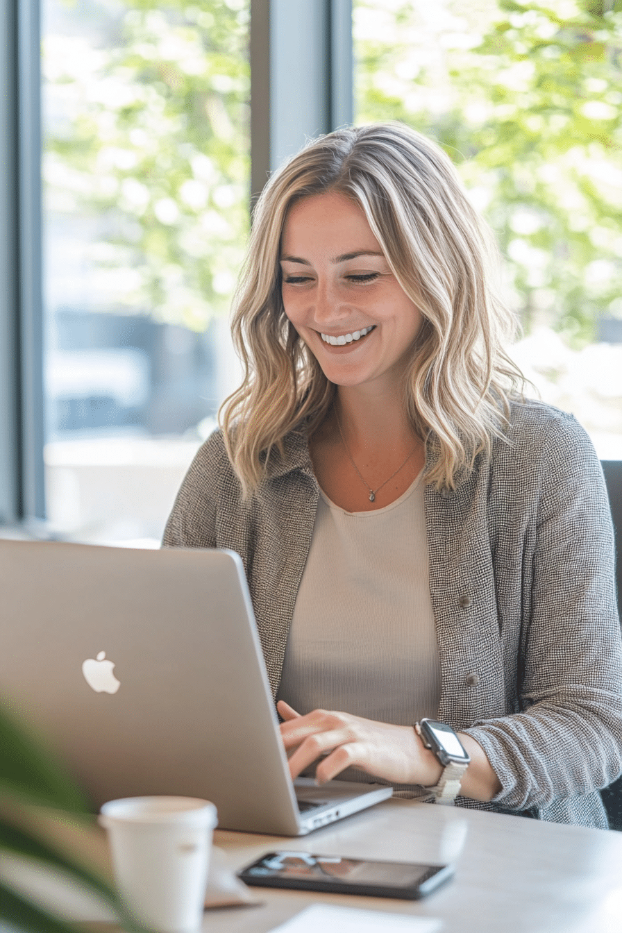 Femme souriante utilisant un ordinateur portable