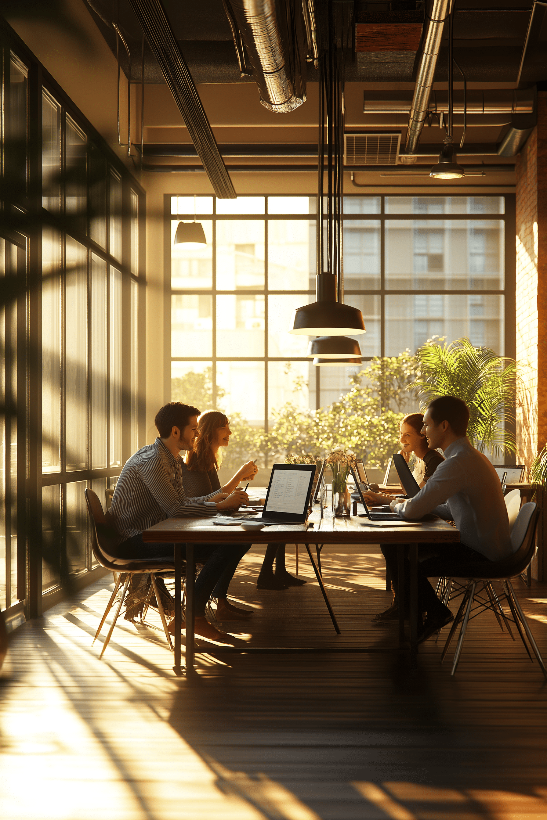 Équipe travaillant heureuse en bureau éclairé au soleil